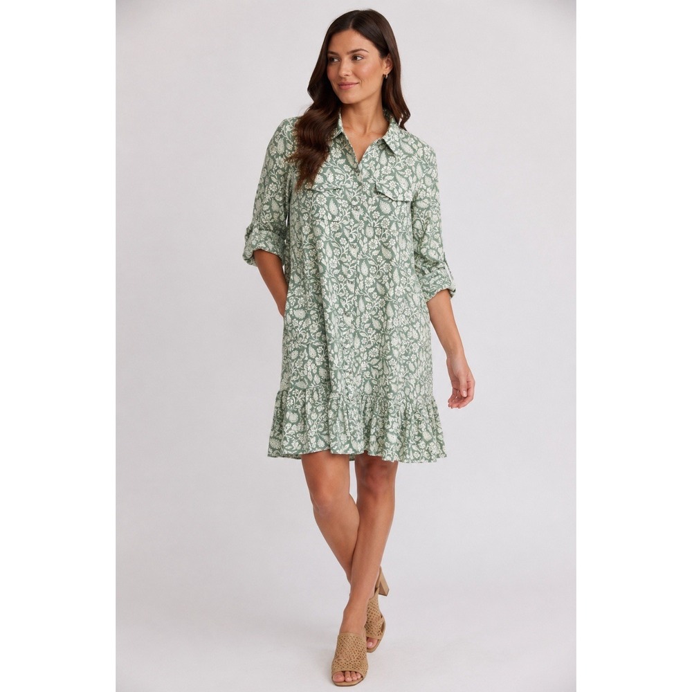 Linda Anderson Sage Green Floral Shirt Dress Women's Small Boho Ruffle Hem
